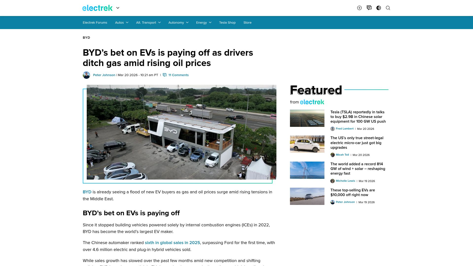 Screenshot of electrek.co: BYD's bet on EVs is paying off as drivers ditch gas amid rising oil prices
