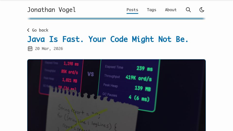Screenshot of jvogel.me: Java is fast, code might not be