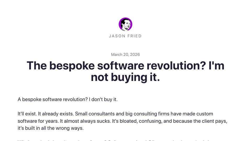 Screenshot of world.hey.com: The bespoke software revolution? I'm not buying it