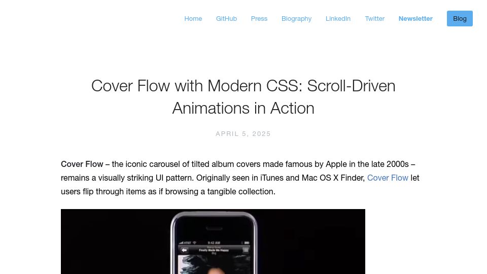 Screenshot of addyosmani.com: Cover Flow with Modern CSS: Scroll-Driven Animations in Action (2025)