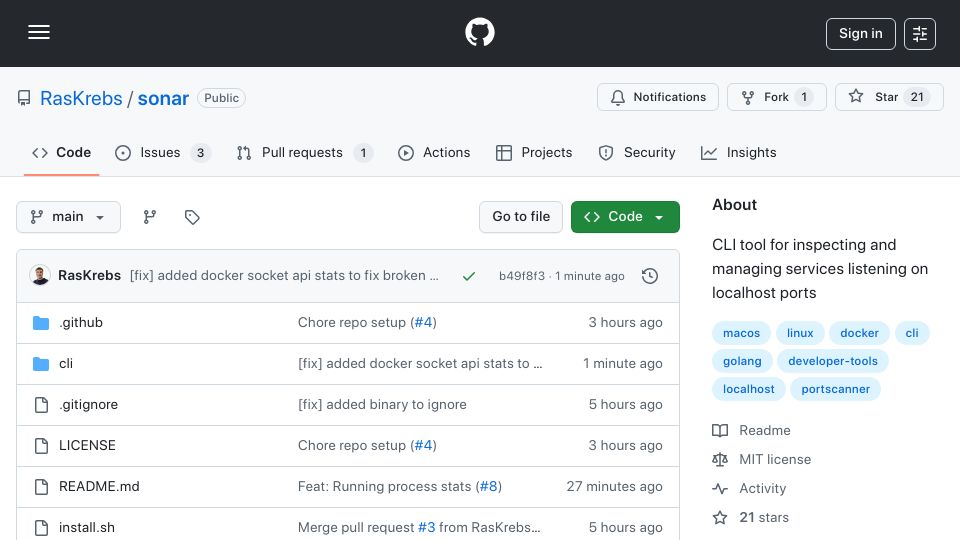 Screenshot of github.com: Show HN: Sonar – A tiny CLI to see and kill whatever's running on localhost