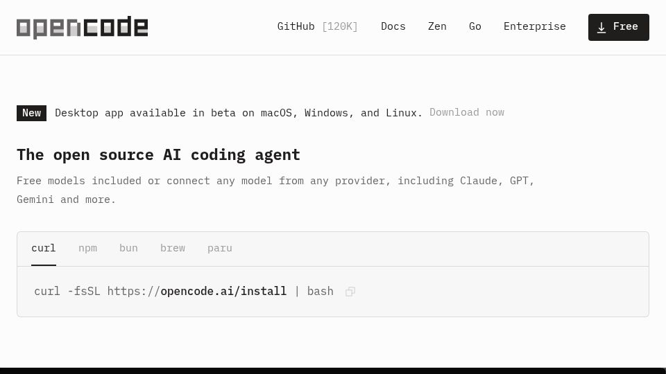 Screenshot of opencode.ai: OpenCode – Open source AI coding agent