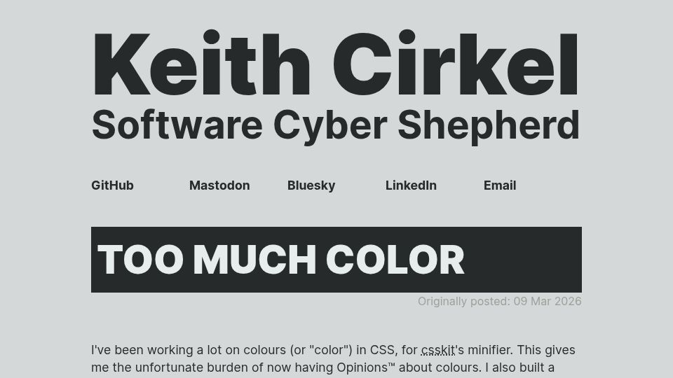 Screenshot of keithcirkel.co.uk: Too Much Color