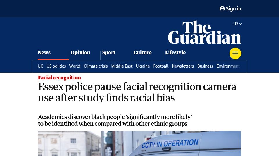 Screenshot of theguardian.com: Essex police pause facial recognition camera use after study finds racial bias
