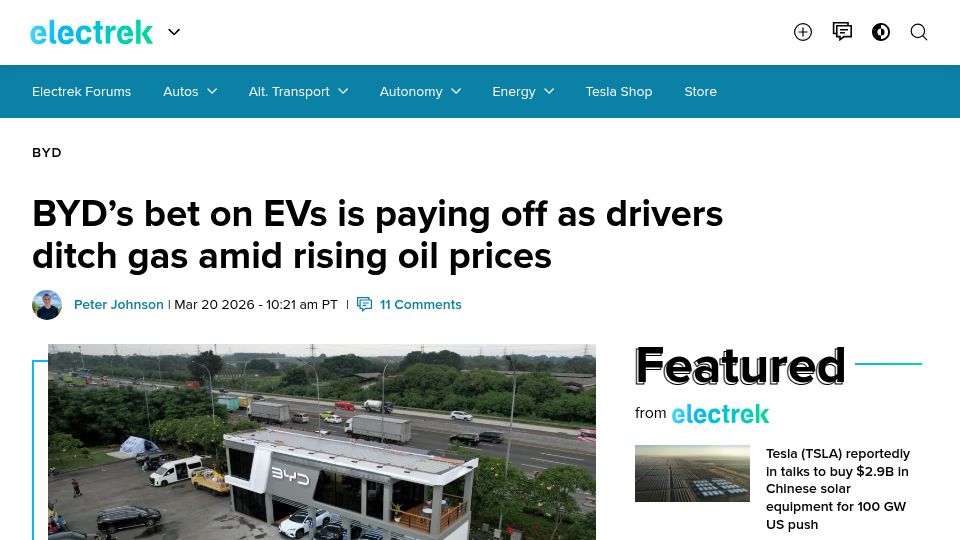 Screenshot of electrek.co: BYD's bet on EVs is paying off as drivers ditch gas amid rising oil prices