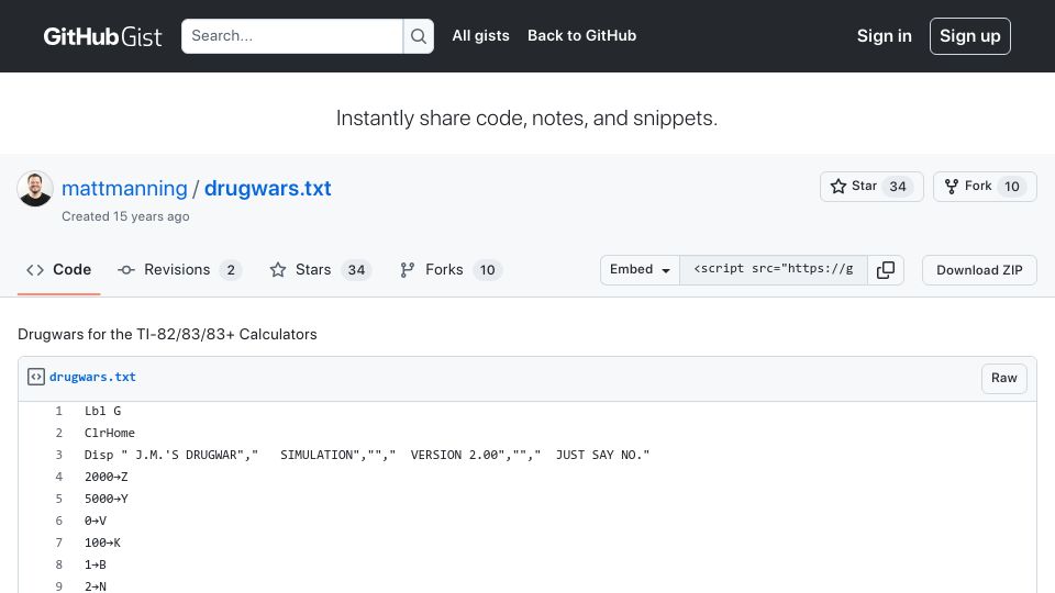 Screenshot of gist.github.com: Drugwars for the TI-82/83/83 Calculators (2011)
