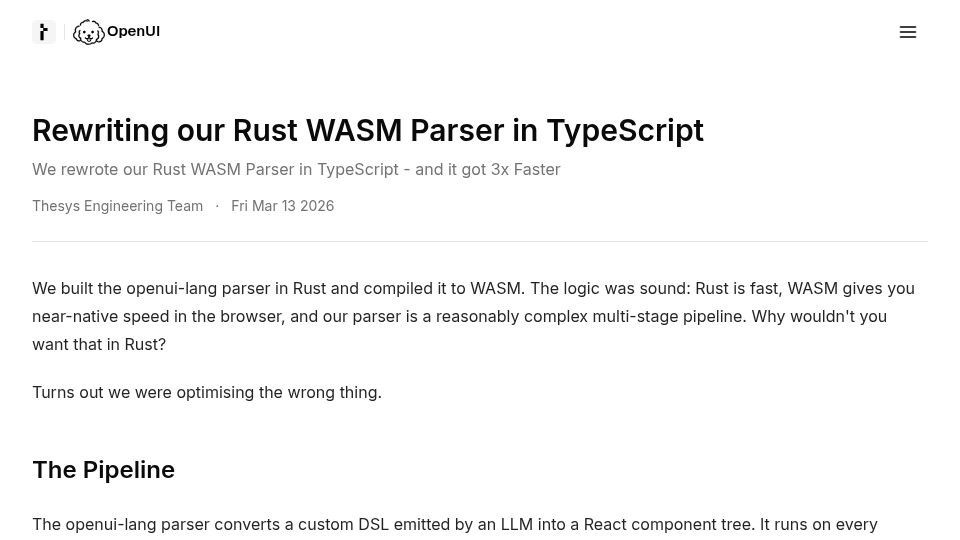 Screenshot of openui.com: We rewrote our Rust WASM parser in TypeScript and it got faster