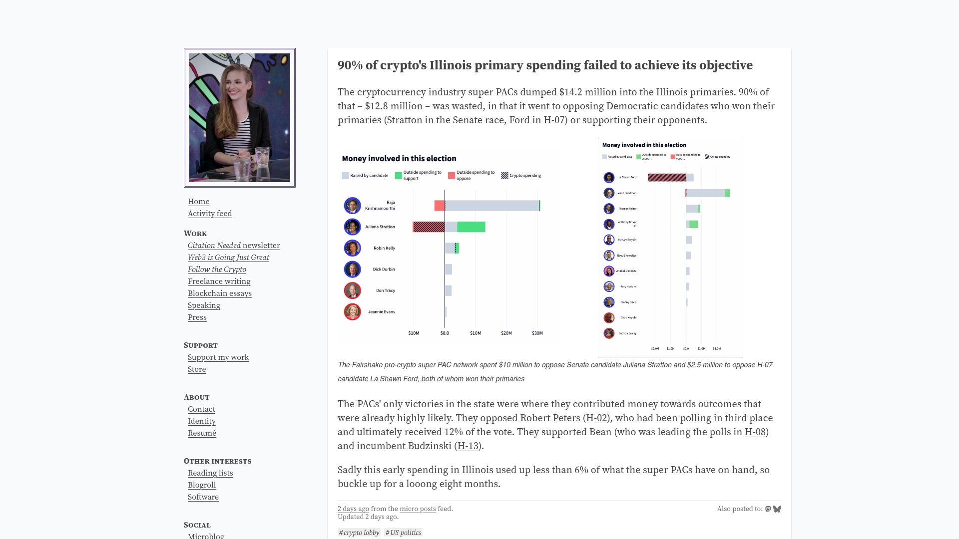 Screenshot of mollywhite.net: 90% of crypto's Illinois primary spending failed to achieve its objective