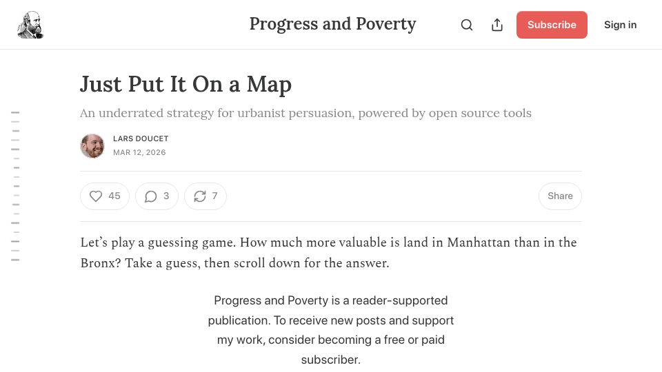 Screenshot of progressandpoverty.substack.com: Just Put It on a Map