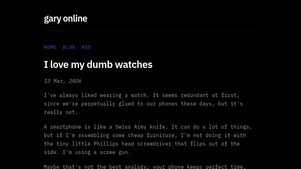 Screenshot of gary.onl: I love my dumb watches