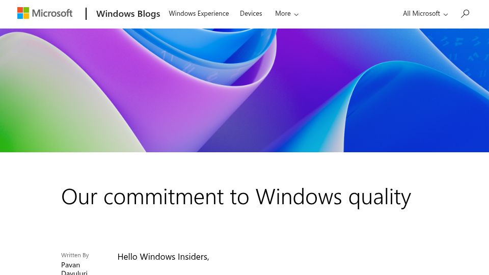 Screenshot of blogs.windows.com: Our commitment to Windows quality