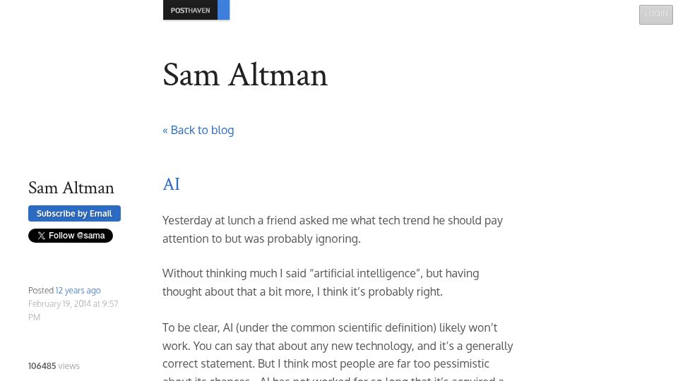 Screenshot of blog.samaltman.com: AI (2014)