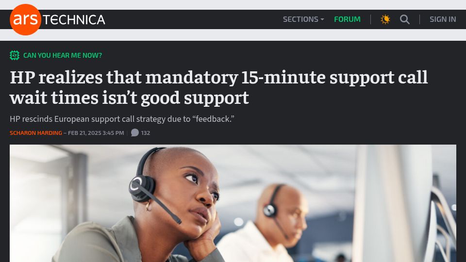 Screenshot of arstechnica.com: HP trialed mandatory 15-minute support call wait times (2025)