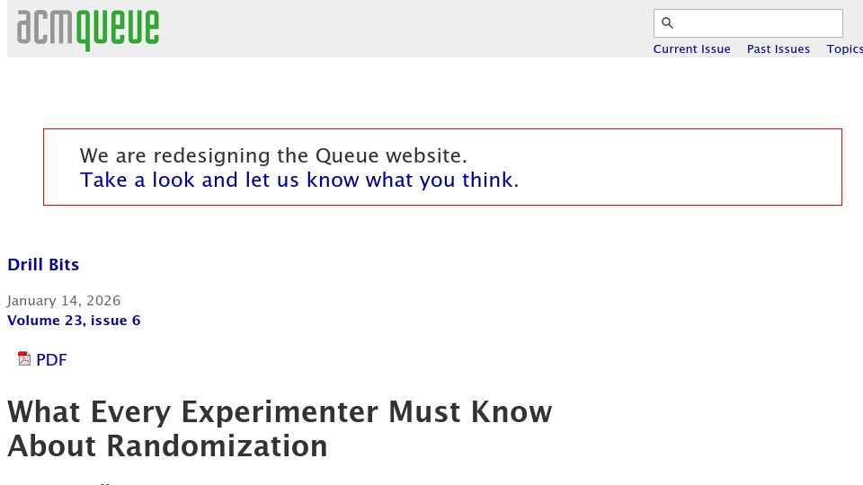 Screenshot of queue.acm.org: Randomization in Controlled Experiments