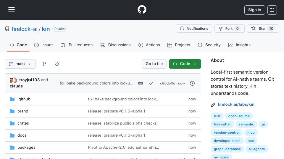 Screenshot of github.com: Kin: Semantic version control that tracks code as entities, not files