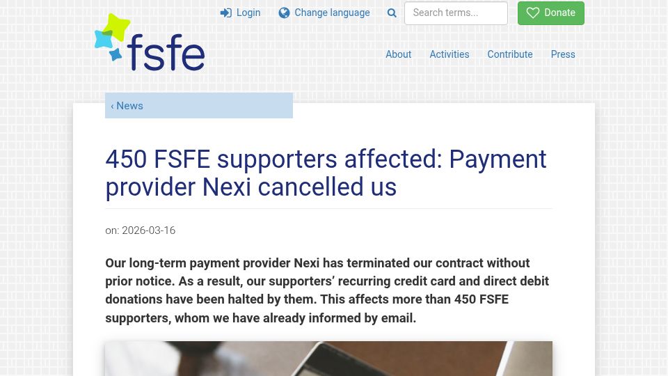 Screenshot of fsfe.org: FSFE supporters affected: Payment provider Nexi cancelled us