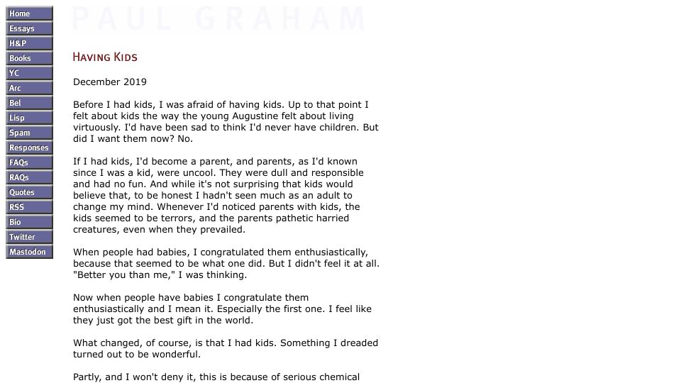 Screenshot of paulgraham.com: Having Kids (2019)