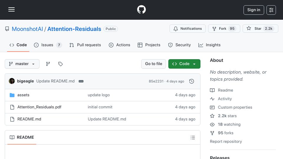 Screenshot of github.com: Attention Residuals