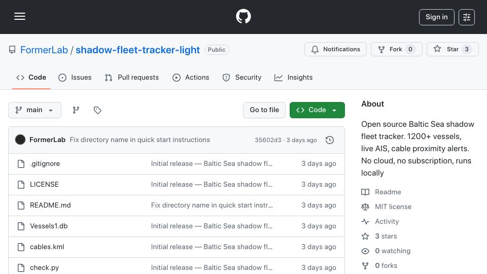 Screenshot of github.com: Show HN: Baltic shadow fleet tracker – live AIS, cable proximity alerts