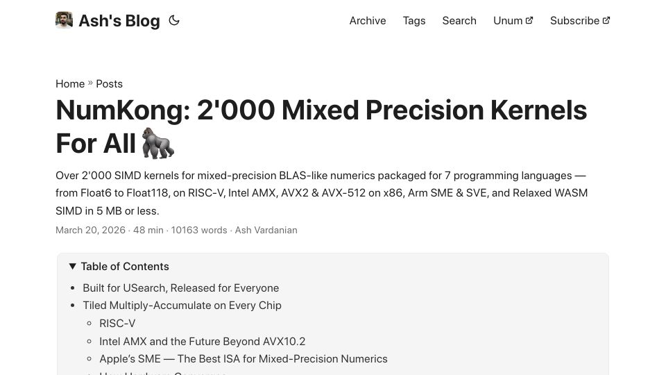 Screenshot of ashvardanian.com: NumKong: 2'000 Mixed Precision Kernels for All
