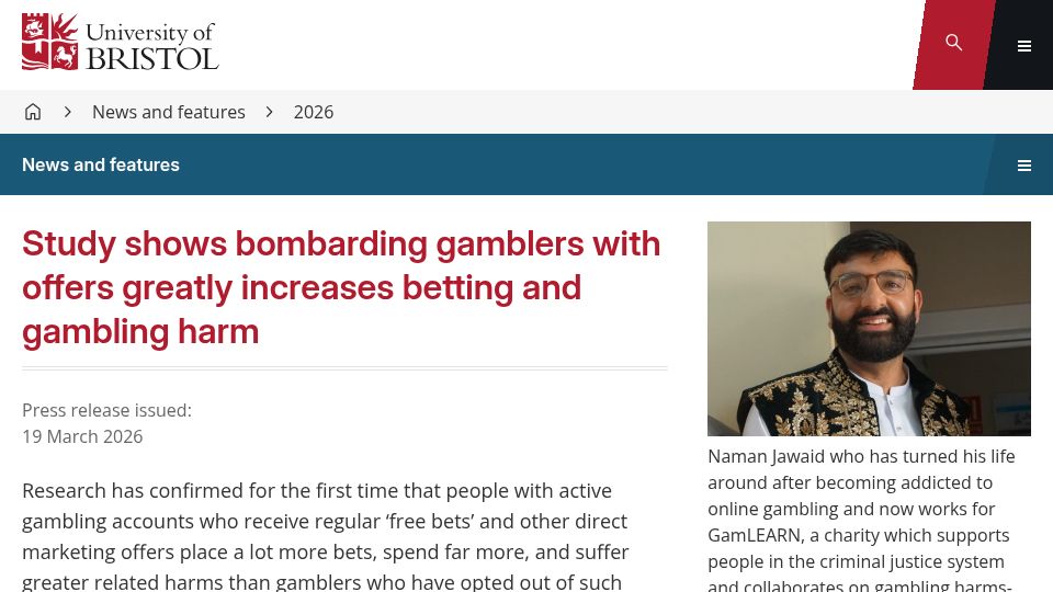 Screenshot of bristol.ac.uk: Bombarding gamblers with offers greatly increases betting and gambling harm