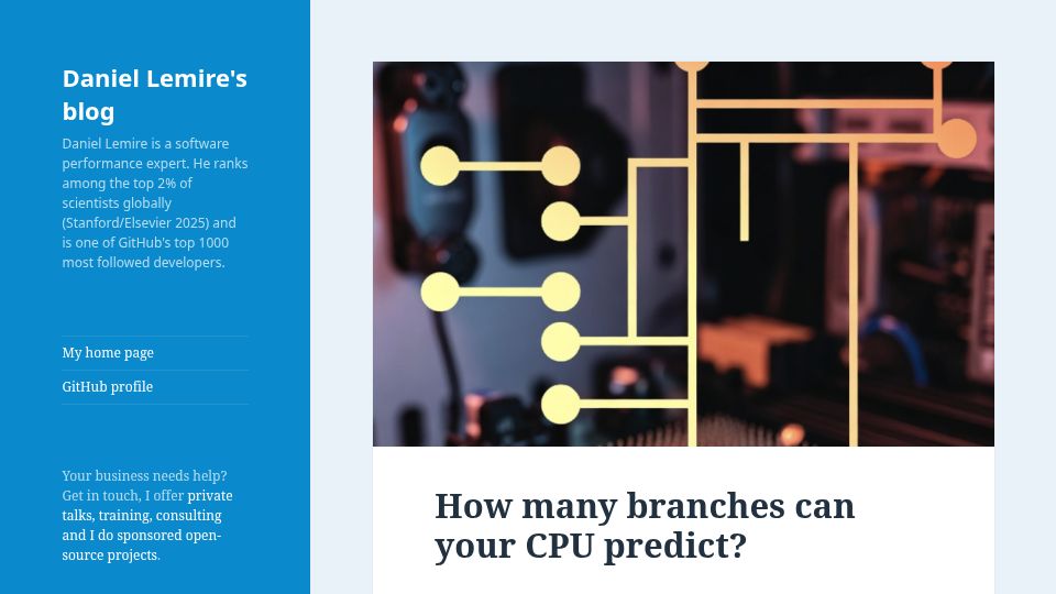 Screenshot of lemire.me: How many branches can your CPU predict?