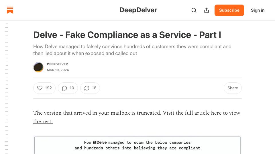 Screenshot of deepdelver.substack.com: Delve – Fake Compliance as a Service