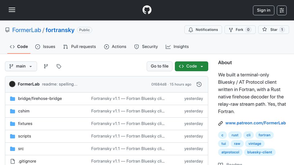 Screenshot of github.com: Show HN: We built a terminal-only Bluesky / AT Proto client written in Fortran