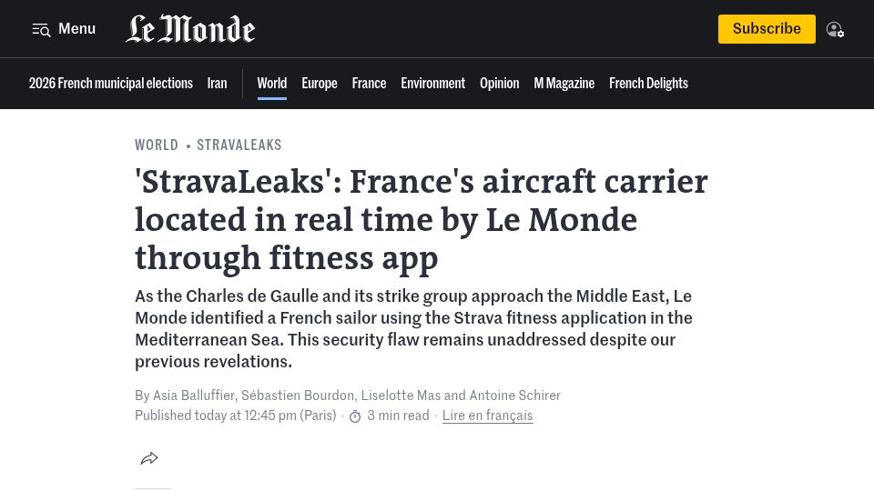 Screenshot of lemonde.fr: France's aircraft carrier located in real time by Le Monde through fitness app