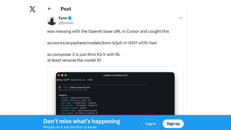 Screenshot of twitter.com: Cursor Composer 2 is just Kimi K2.5 with RL
