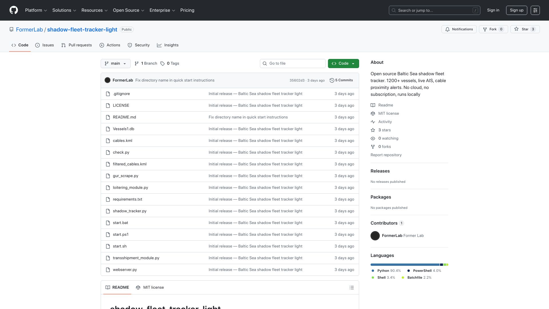 Screenshot of github.com: Show HN: Baltic shadow fleet tracker – live AIS, cable proximity alerts