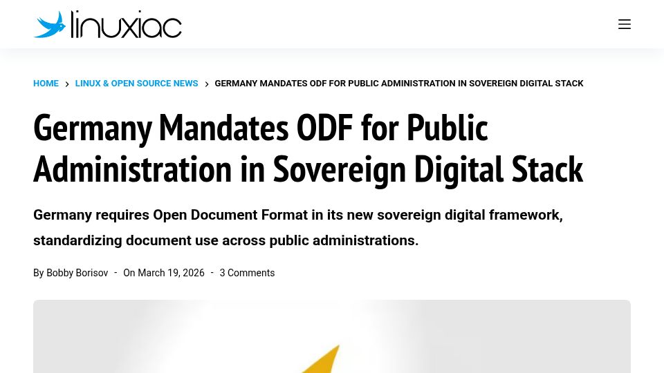 Screenshot of linuxiac.com: Germany Mandates ODF for Public Administration