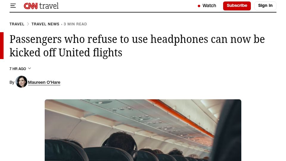 Screenshot of cnn.com: Passengers who refuse to use headphones can now be kicked off United flights