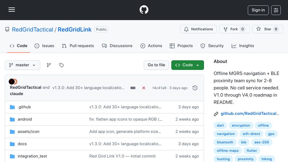 Screenshot of github.com: Show HN: Red Grid Link – peer-to-peer team tracking over Bluetooth, no servers
