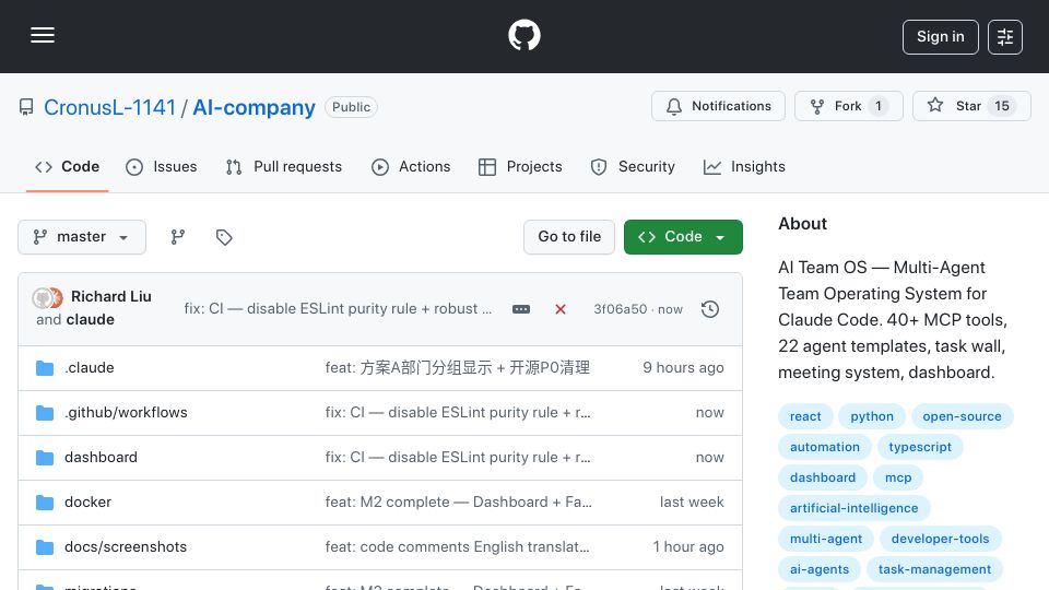Screenshot of github.com: AI Team OS – Turn Claude Code into a Self-Managing AI Team