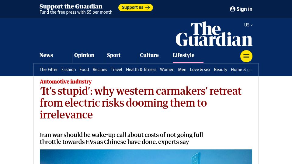 Screenshot of theguardian.com: Western carmakers' retreat from electric risks dooming them to irrelevance