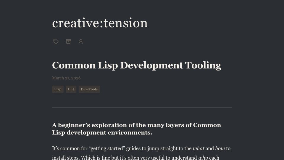 Screenshot of creativetension.co: Common Lisp Development Tooling