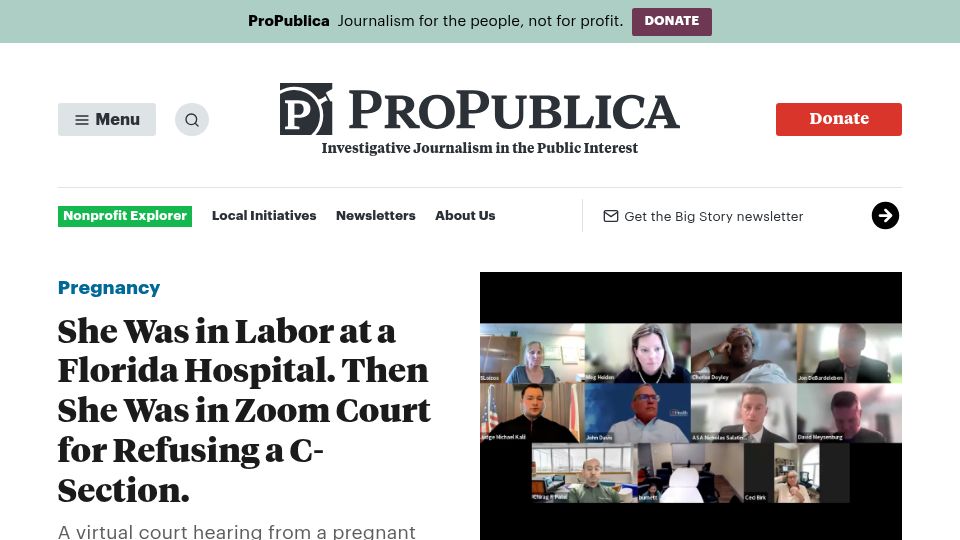 Screenshot of propublica.org: Woman in Labor at Florida Hospital Brought in Zoom Court for Refusing C-Section