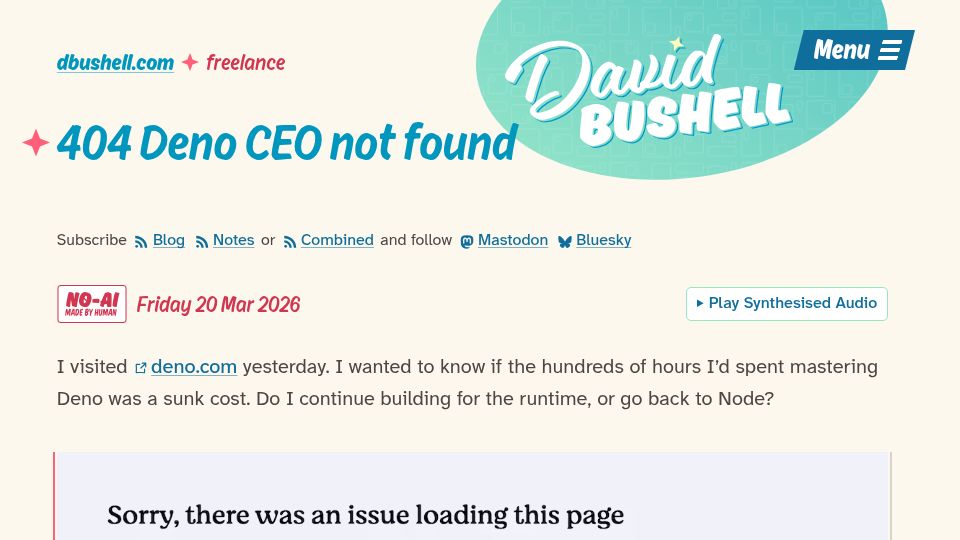 Screenshot of dbushell.com: 404 Deno CEO not found