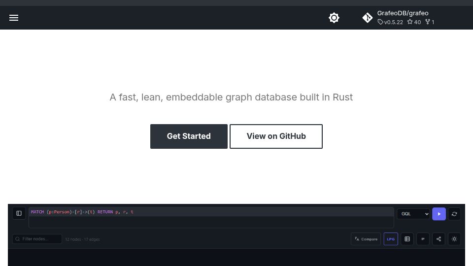 Screenshot of grafeo.dev: Grafeo – A fast, lean, embeddable graph database built in Rust