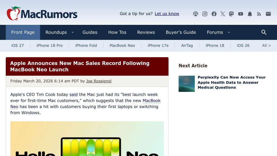 Screenshot of macrumors.com: Apple Announces New Mac Sales Record Following MacBook Neo Launch