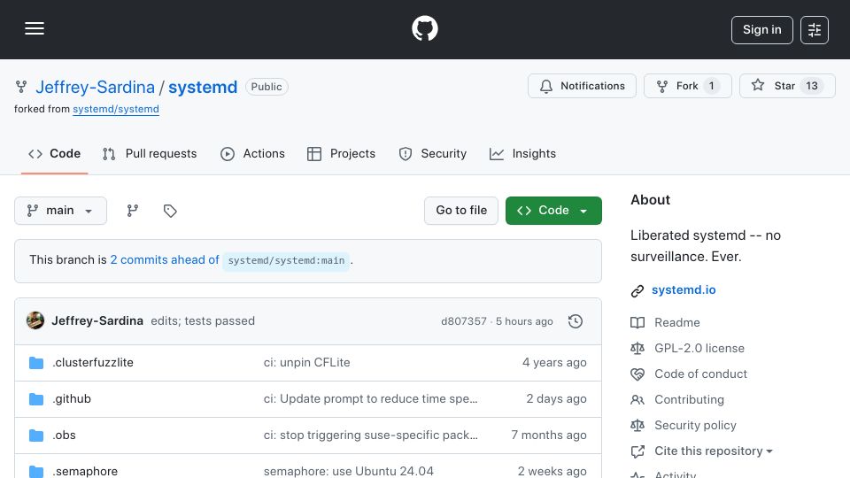Screenshot of github.com: Liberated Systemd