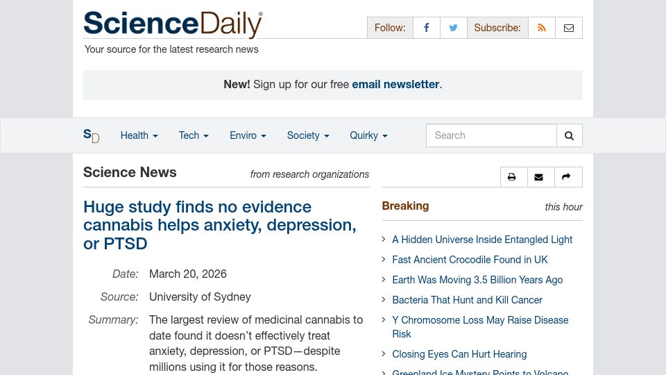Screenshot of sciencedaily.com: Study finds no evidence cannabis helps anxiety, depression, or PTSD