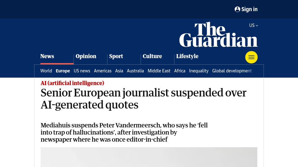 Screenshot of theguardian.com: Senior European journalist suspended over AI-generated quotes