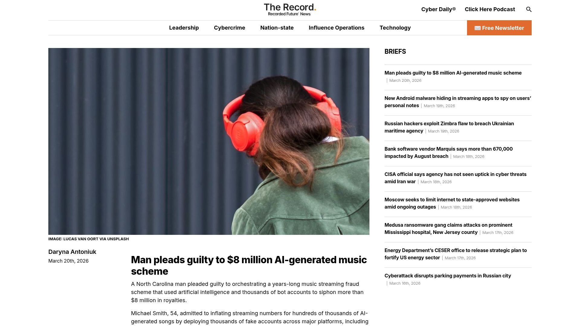 Screenshot of therecord.media: Man pleads guilty to $8M AI-generated music scheme