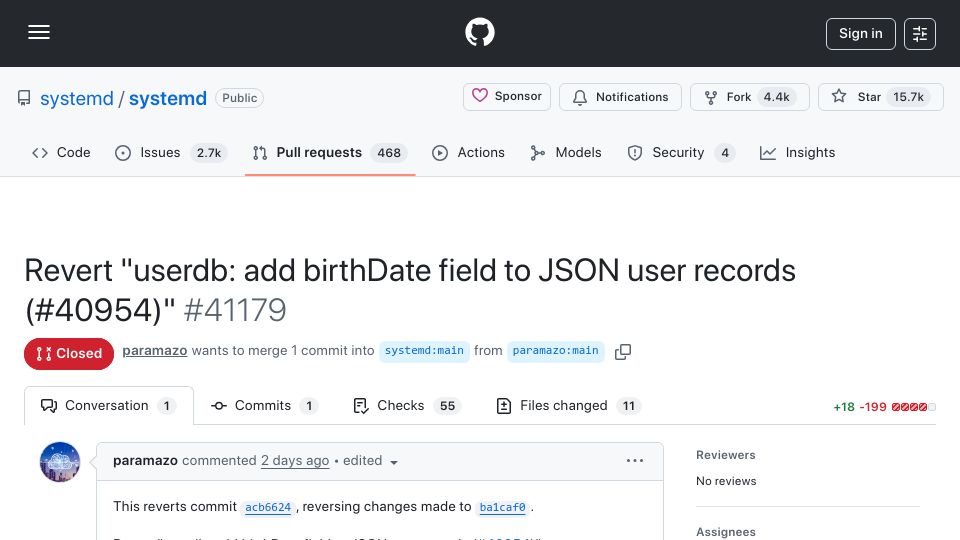 Screenshot of github.com: Revert "userdb: add birthDate field to JSON user records