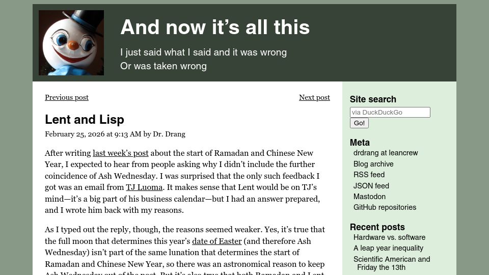 Screenshot of leancrew.com: Lent and Lisp
