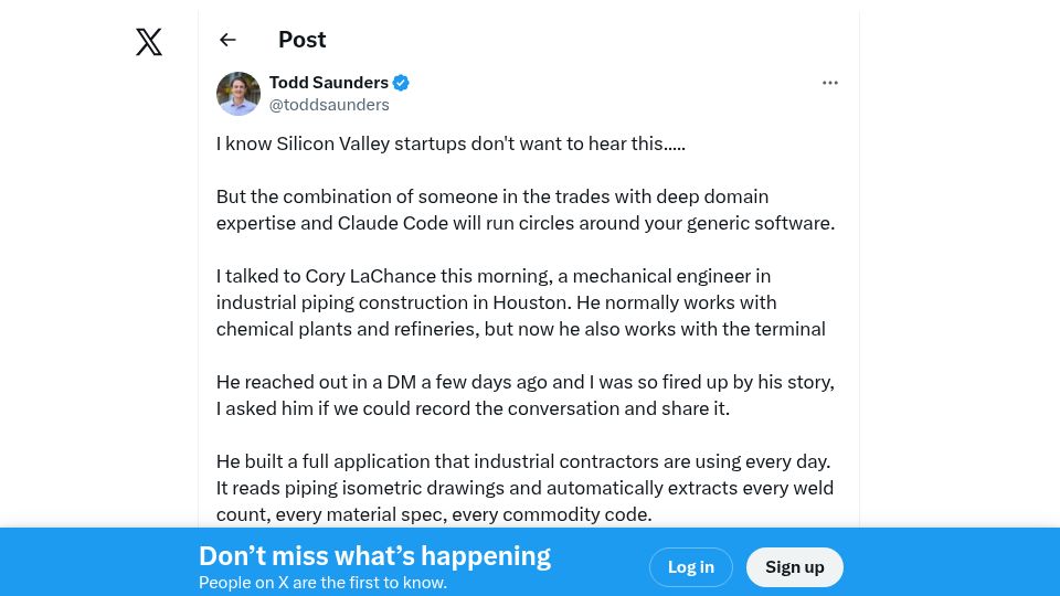 Screenshot of twitter.com: An industrial piping contractor on Claude Code [video]