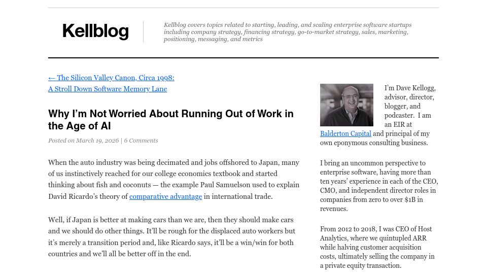 Screenshot of kellblog.com: Why I'm Not Worried About Running Out of Work in the Age of AI