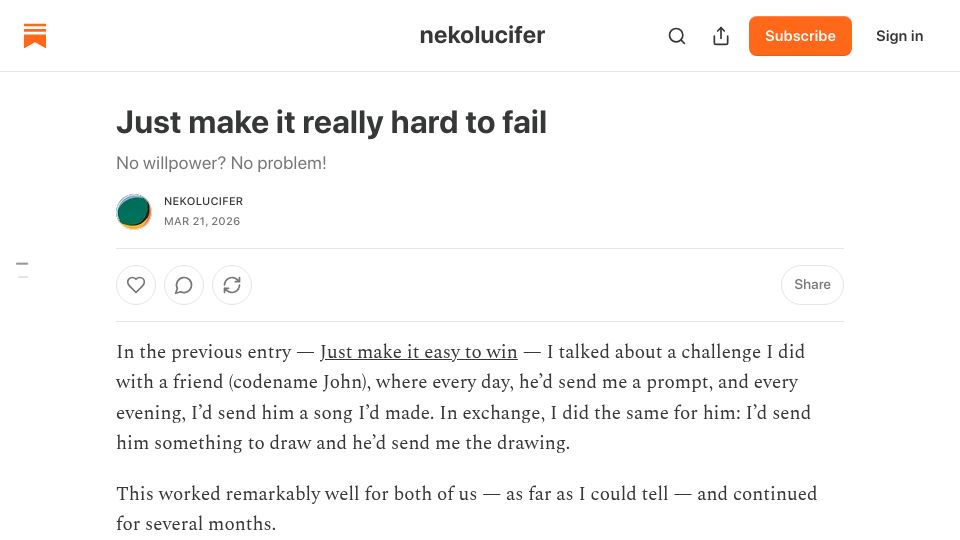 Screenshot of nekolucifer.substack.com: Just make it hard to fail